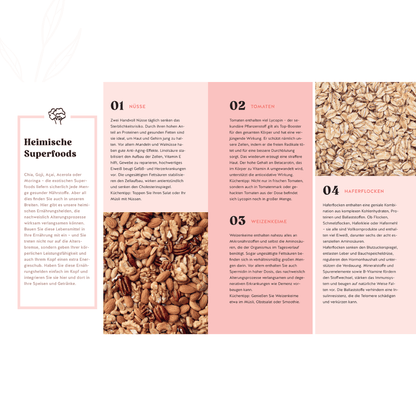 Übersicht heimischer Superfoods wie Nüsse, Tomaten, Weizenkeime und Haferflocken für eine gesunde Ernährung