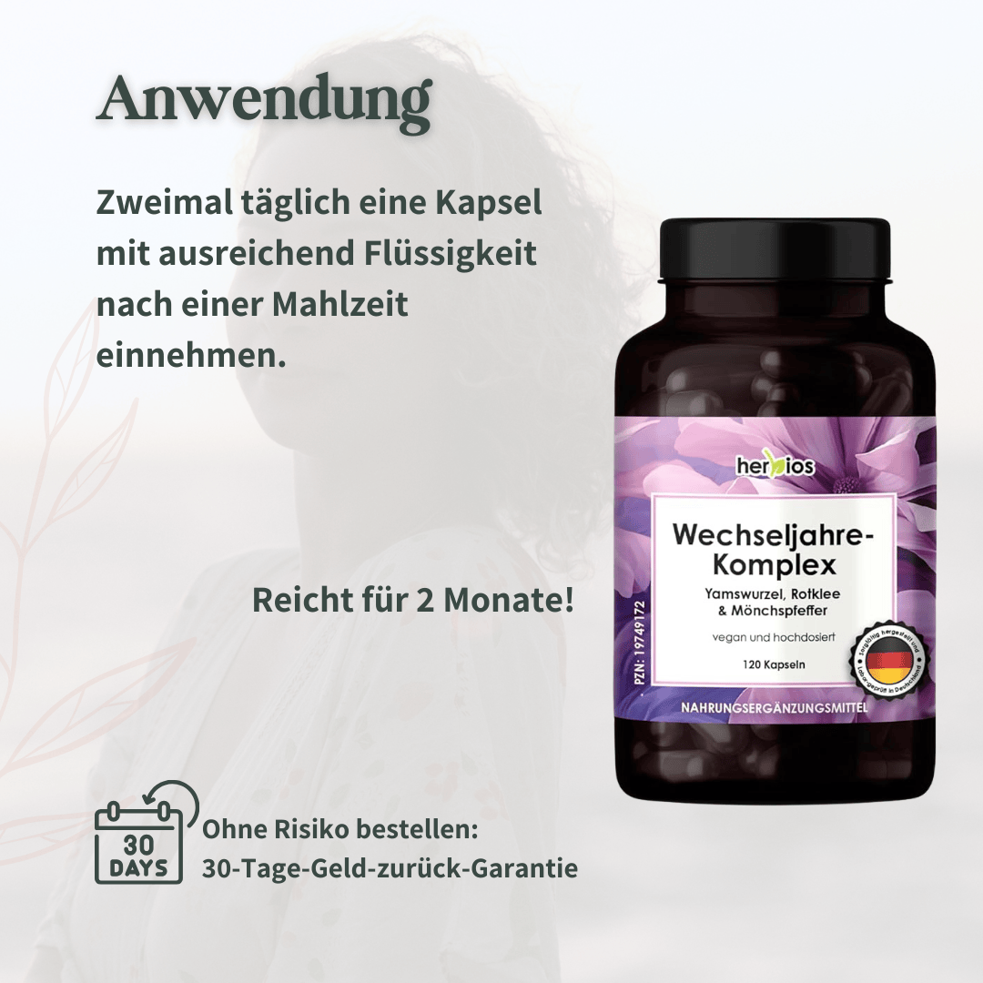 Hinweise zur Einnahme des Herbios Wechseljahre-Komplex mit Angabe zur zweimonatigen Reichweite