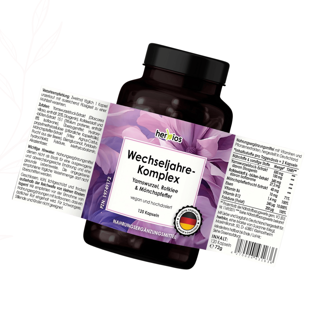 Detailansicht des Etiketts vom Herbios Wechseljahre-Komplex mit Zutaten und Nährwertangaben