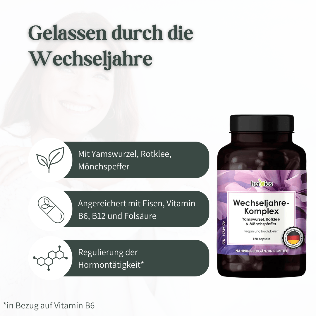 Herbios Wechseljahre-Komplex mit Textmotiv Gelassen durch die Wechseljahre und Angaben zu Inhaltsstoffen