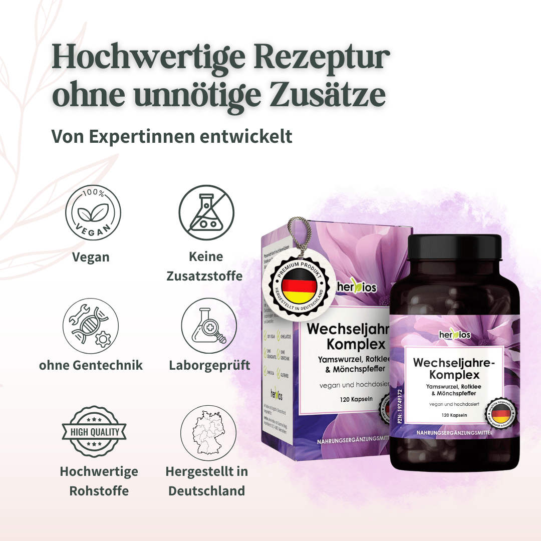 Herbios Wechseljahre-Komplex mit Dose und Umverpackung sowie Hinweisen zu veganer Rezeptur und Laborprüfung