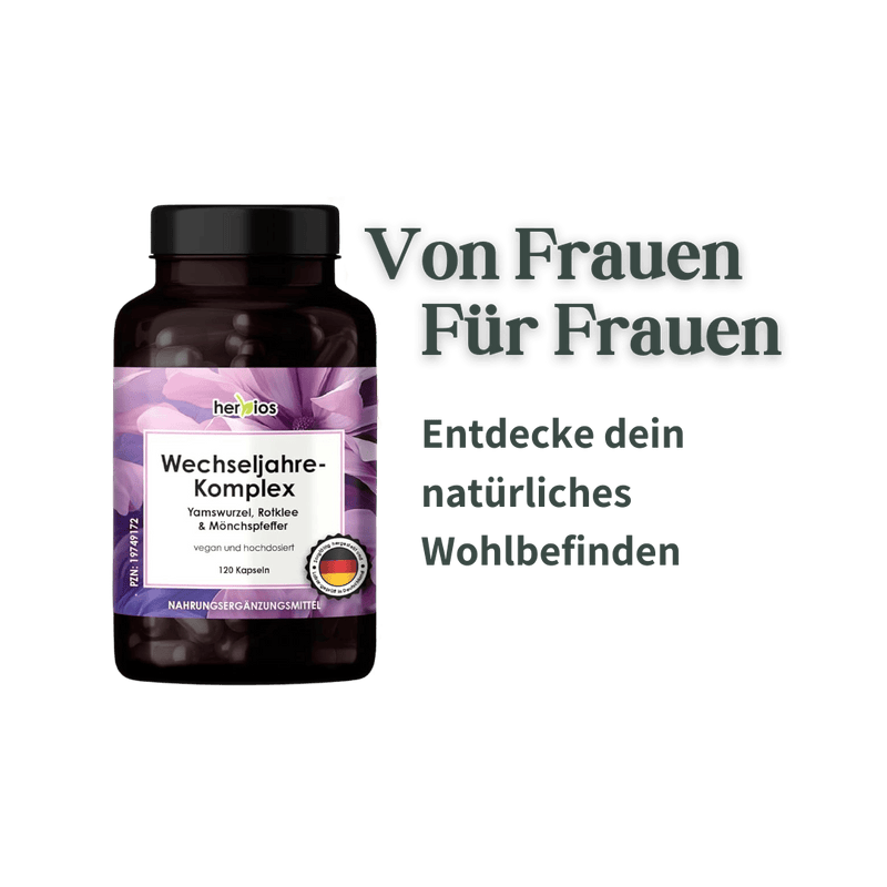 Herbios Wechseljahre-Komplex mit Textmotiv Von Frauen für Frauen und Hinweis auf natürliches Wohlbefinden