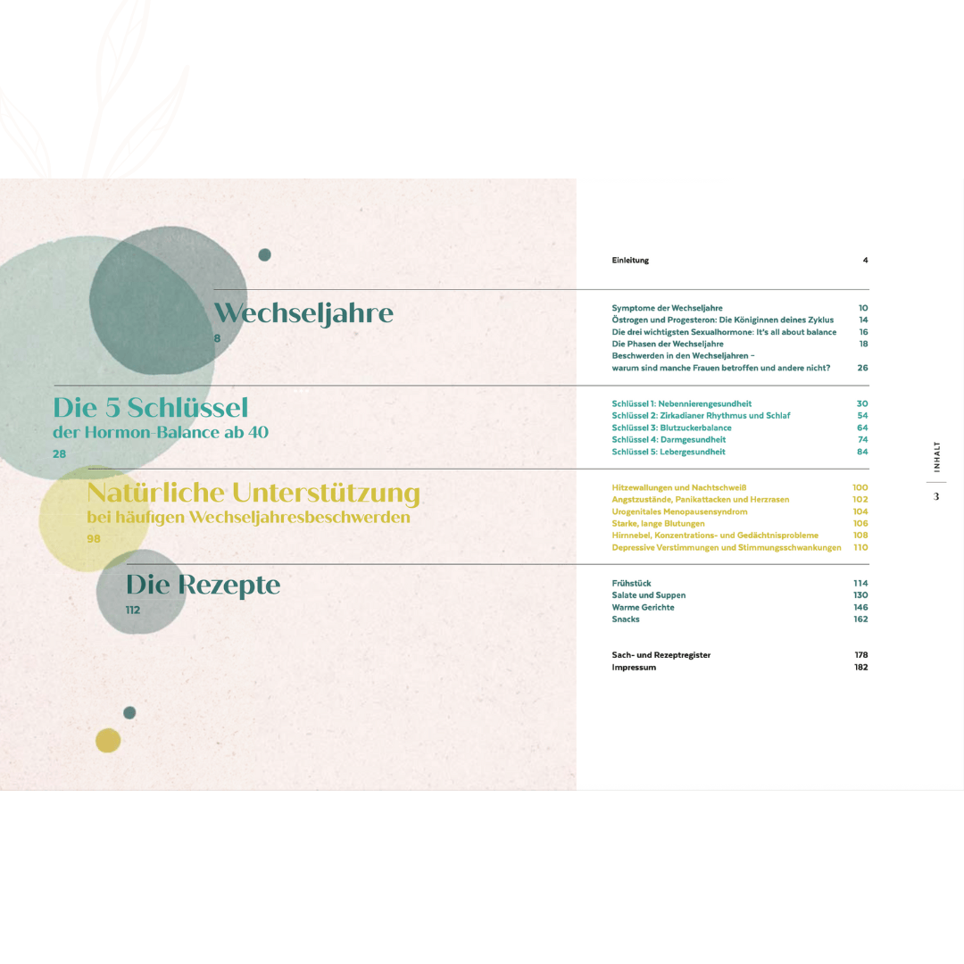 Inhaltsübersicht des Buches „Hormon Balance ab 40“ mit Kapiteln zu Wechseljahren, Hormonen und Rezepten