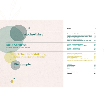 Inhaltsübersicht des Buches „Hormon Balance ab 40“ mit Kapiteln zu Wechseljahren, Hormonen und Rezepten