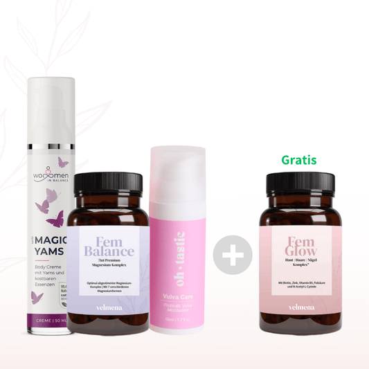 Hormonfreies Perimenopause-Set mit Magic Yams Creme, Fem Balance Magnesium-Komplex, Intimpflege-Creme und gratis Fem Glow Haut Haare Nägel Komplex