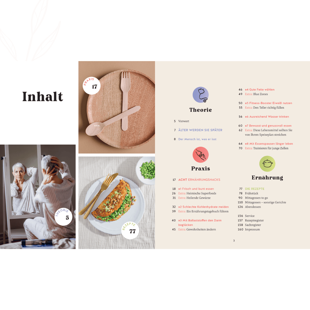 Inhaltsübersicht eines Ernährungsratgebers mit Kapiteln zu Theorie, Praxis und gesunder Ernährung im Alter