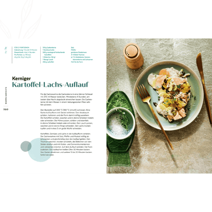Rezeptseite für einen Kartoffel-Lachs-Auflauf aus dem Buch „Hormon Balance ab 40“