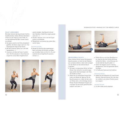 Doppelseite mit Schritt-für-Schritt-Abbildungen zu Kraftübungen für Beine und Rumpf