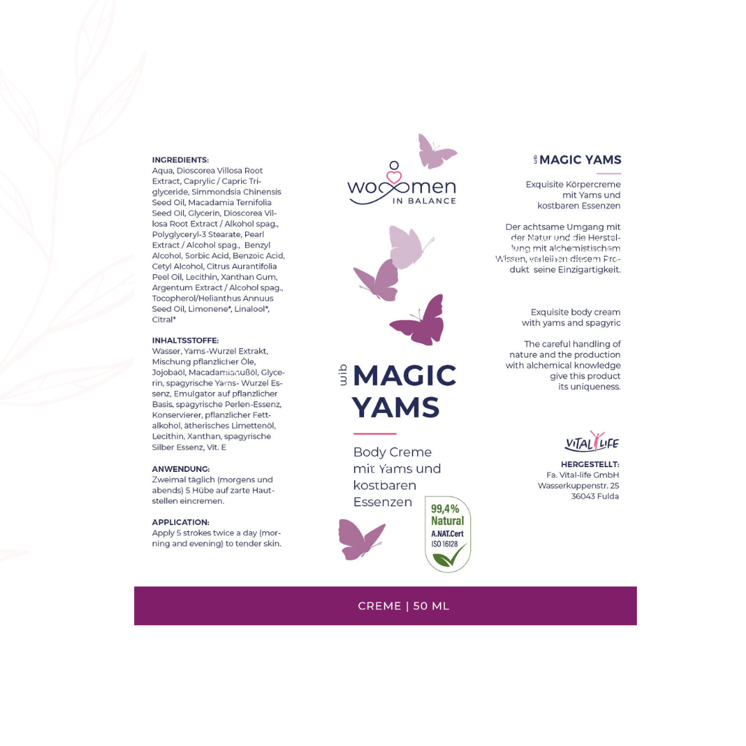 Etikett der Magic Yams Body Creme mit Inhaltsstoffen, Anwendungshinweisen und Herstellerangaben
