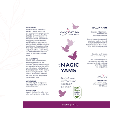 Etikett der Magic Yams Body Creme mit Inhaltsstoffen, Anwendungshinweisen und Herstellerangaben