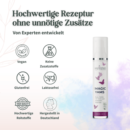 Qualitätsmerkmale der Magic Yams Body Creme wie vegan, glutenfrei, laktosefrei, ohne Zusatzstoffe und hergestellt in Deutschland