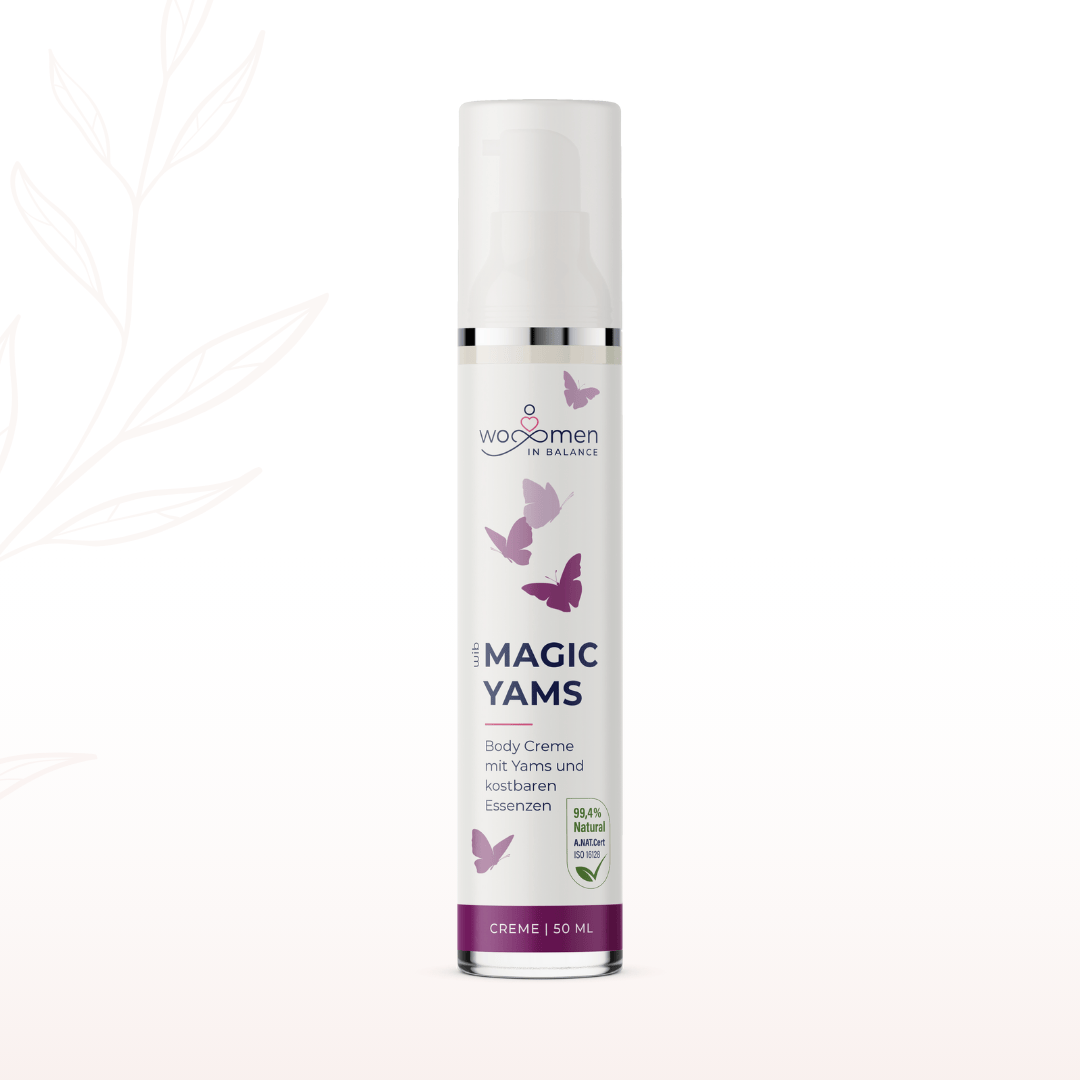 Magic Yams Body Creme von Wo-Men in Balance in weißer Pumpflasche mit Schmetterlingsmotiv, 50 ml