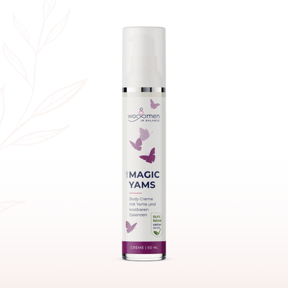 Magic Yams Body Creme von Wo-Men in Balance in weißer Pumpflasche mit Schmetterlingsmotiv, 50 ml