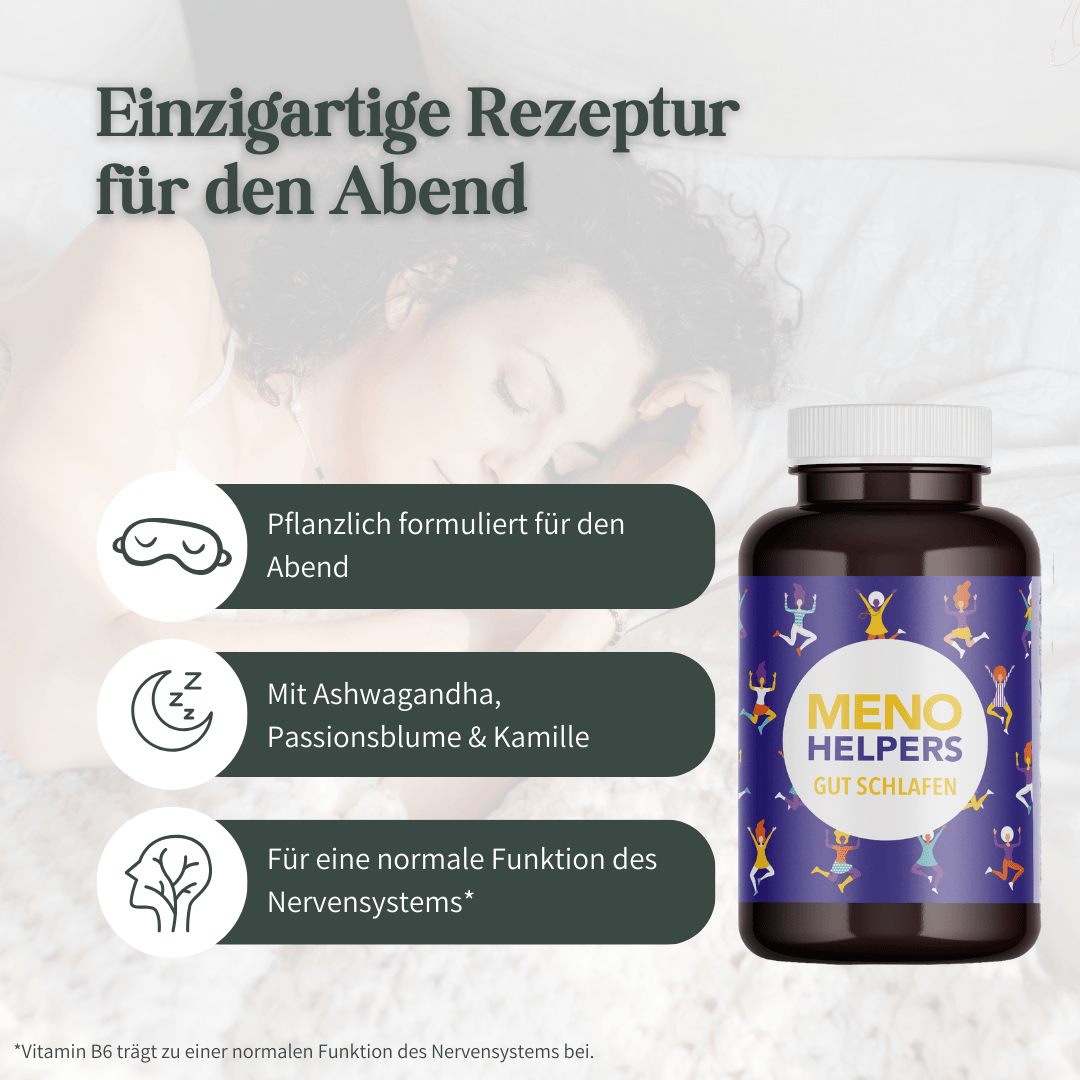 Meno Helpers Gut schlafen Kapseln mit Hinweis auf pflanzliche Abendrezeptur