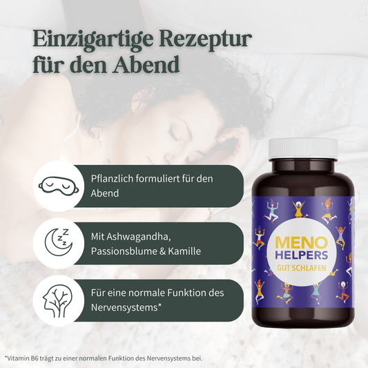 Meno Helpers Gut schlafen Kapseln mit Hinweis auf pflanzliche Abendrezeptur