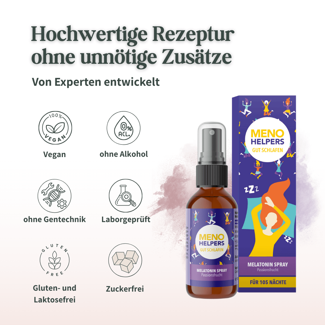 Eigenschaften von Meno Helpers Gut Schlafen Melatonin Spray wie vegan und alkoholfrei