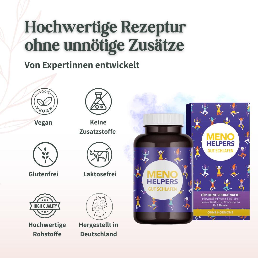 Qualitätsmerkmale von Meno Helpers Gut schlafen wie vegan und glutenfrei
