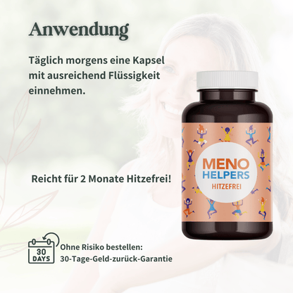 Anwendungsempfehlung für Meno Helpers Hitzefrei Kapseln mit Hinweis auf Einnahme und Reichweite