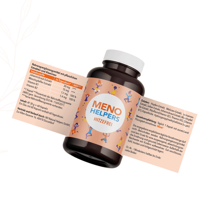 Vorder- und Rückansicht des Etiketts von Meno Helpers Hitzefrei mit Zutaten und Nährwertangaben