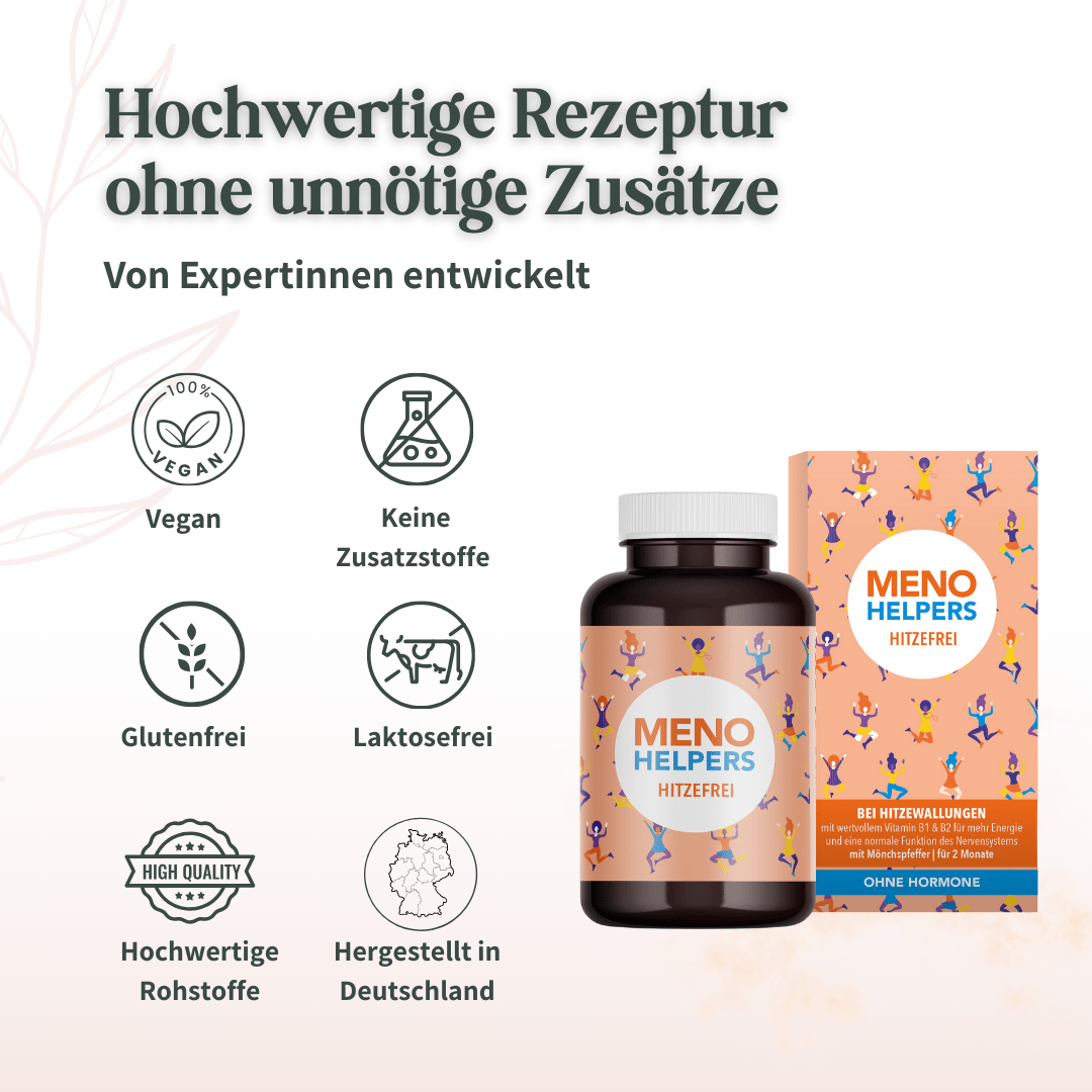Meno Helpers Hitzefrei mit Angaben zu veganer Rezeptur, Laborprüfung und Herstellung in Deutschland