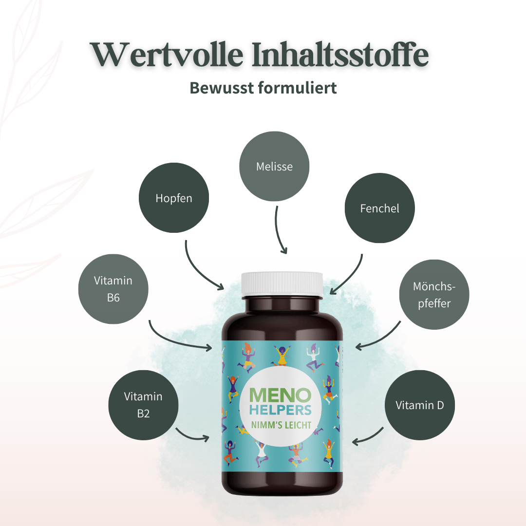 Inhaltsstoffe von Meno Helpers Nimm’s leicht mit Hopfen Melisse Fenchel Mönchspfeffer und Vitaminen