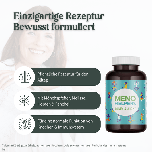 Pflanzliche Rezeptur von Meno Helpers Nimm’s leicht für den Alltag von Frauen in den Wechseljahren
