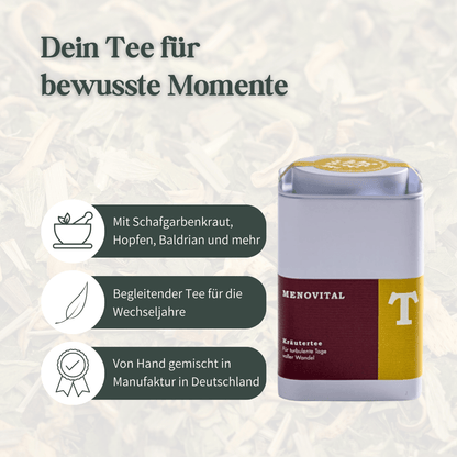 Menovital Kräutertee mit Text Dein Tee für bewusste Momente, Produktdarstellung auf hellem Hintergrund
