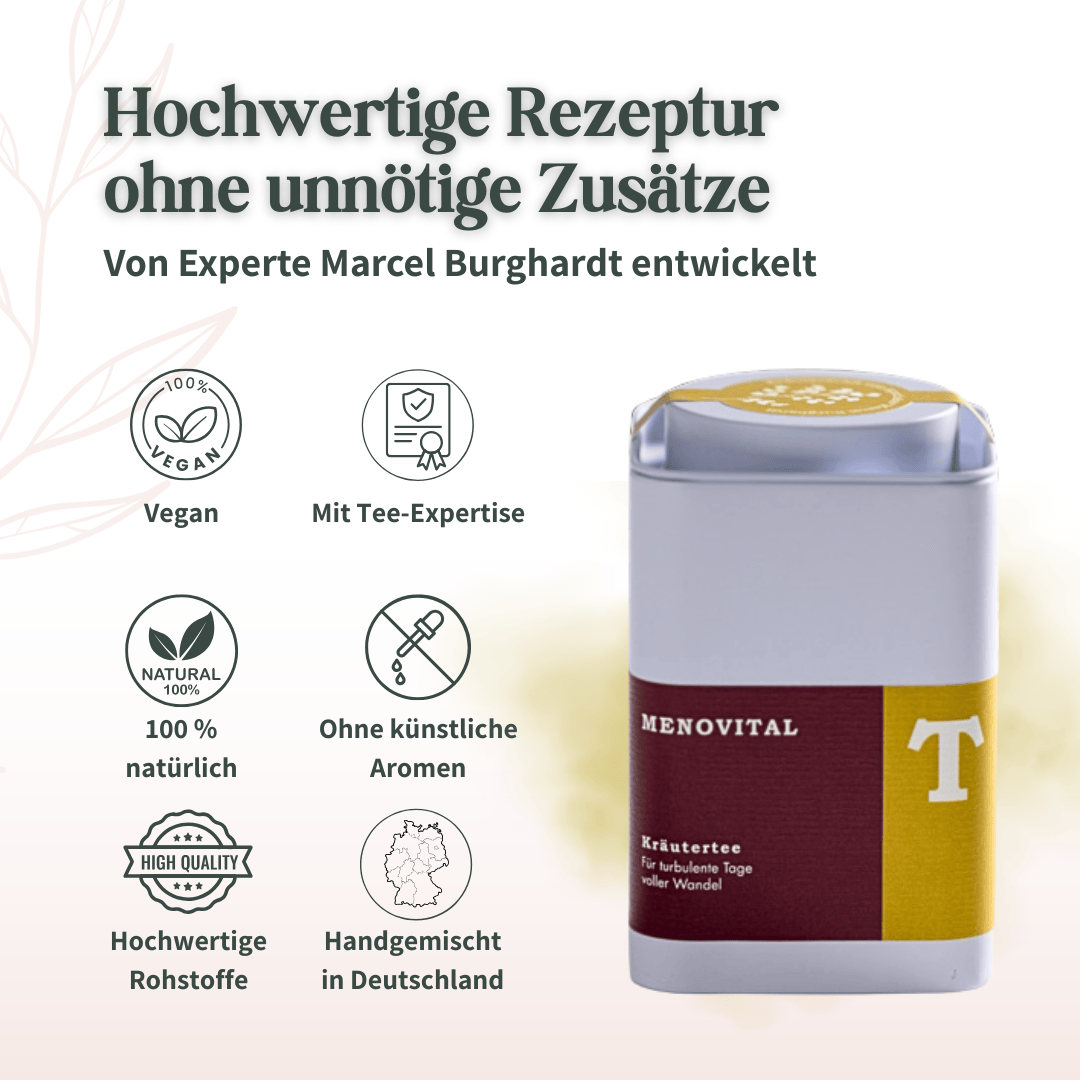 Menovital Kräutertee mit Hinweisen zu veganer Rezeptur, natürlichen Zutaten und Handmischung in Deutschland