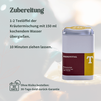 Zubereitung des Menovital Kräutertees mit Dosier- und Ziehzeitangaben