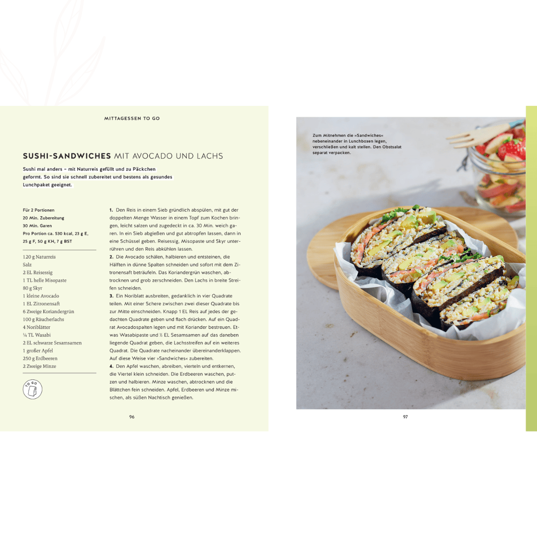 Sushi-Sandwiches mit Avocado und Lachs als gesundes Mittagessen zum Mitnehmen