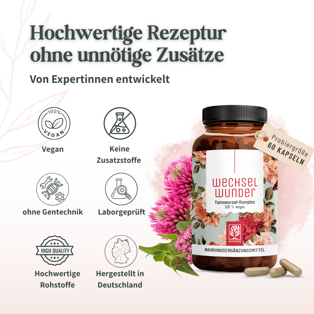 Qualitätsversprechen: Vegan, ohne Zusatzstoffe, laborgeprüft und in Deutschland hergestellte Nahrungsergänzung.