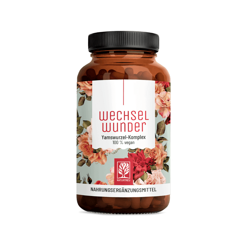 Nahaufnahme des Naturtreu Wechselwunder Glas – 100% veganer Yamswurzel-Komplex als Nahrungsergänzungsmittel.