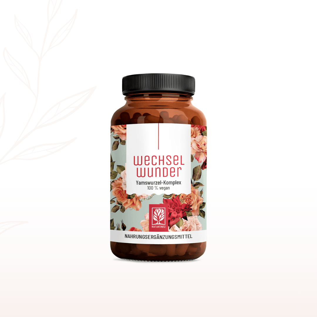 Naturtreu Wechselwunder Glas – Yamswurzel-Komplex für die Wechseljahre mit floralem Design.