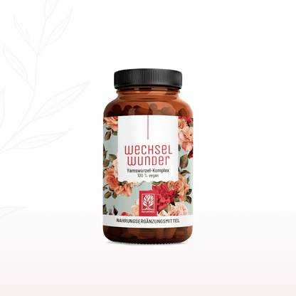 Naturtreu Wechselwunder Glas – Yamswurzel-Komplex für die Wechseljahre mit floralem Design.
