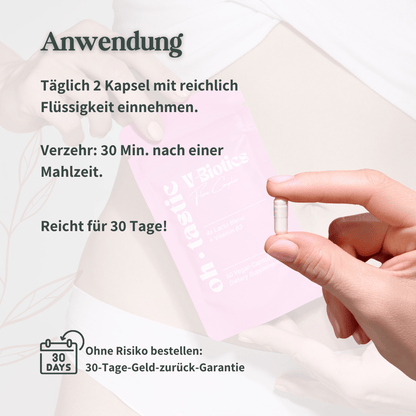 Kapsel von Oh Tastic V-Biotics zwischen zwei Fingern, Anwendungssituation