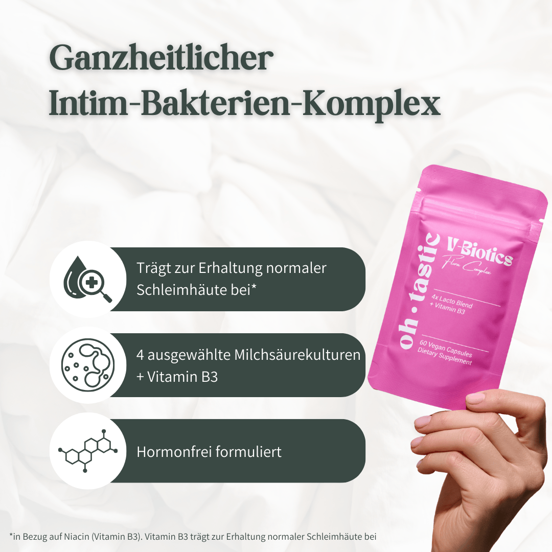Hand hält Oh Tastic V-Biotics Flora Complex Beutel vor hellem Hintergrund