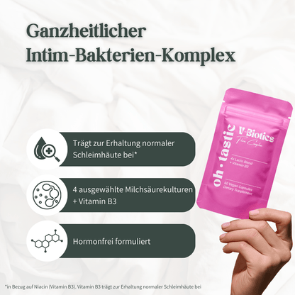 Hand hält Oh Tastic V-Biotics Flora Complex Beutel vor hellem Hintergrund