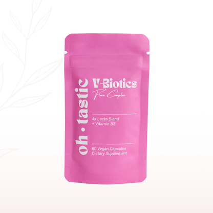 Oh Tastic V-Biotics Flora Complex, rosa Standbeutel mit Aufdruck 4x Lacto Blend und Vitamin B3, 60 vegane Kapseln