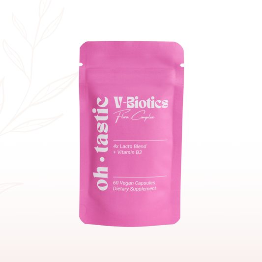Oh Tastic V-Biotics Flora Complex, rosa Standbeutel mit Aufdruck 4x Lacto Blend und Vitamin B3, 60 vegane Kapseln