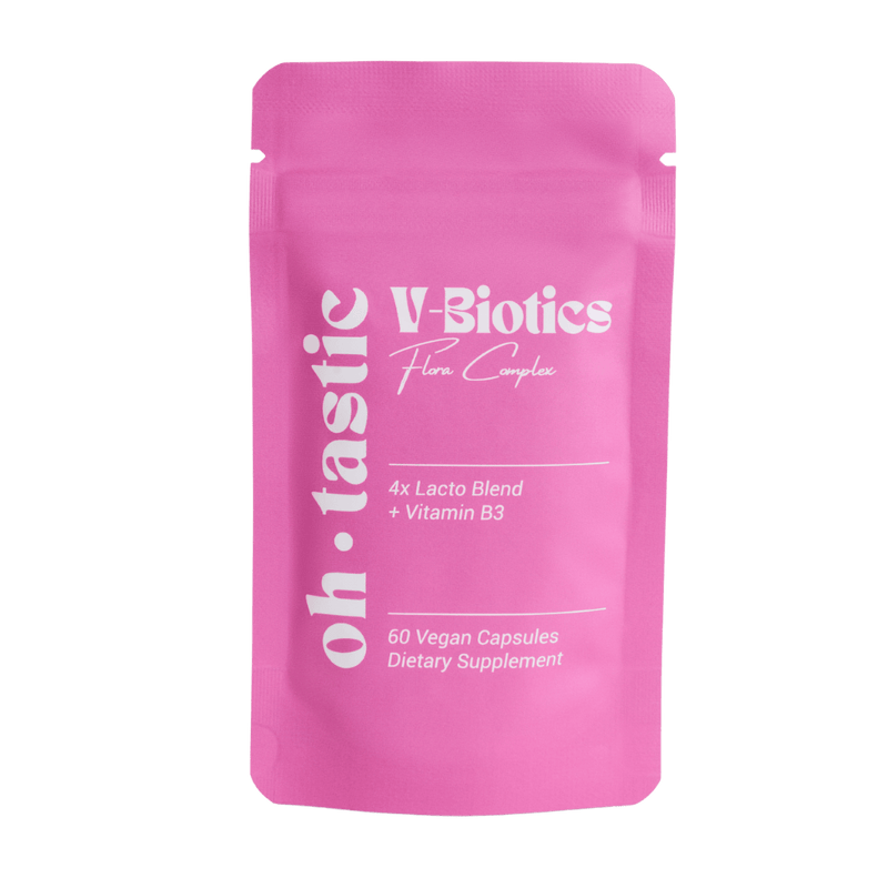 Oh Tastic V-Biotics Flora Complex Nahrungsergänzungsmittel mit Milchsäurekulturen und Vitamin B3 in pinker Verpackung