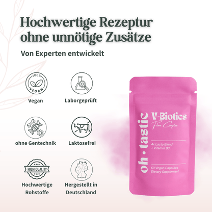 Icons zu Qualitätsmerkmalen von Oh Tastic V-Biotics wie vegan, laborgeprüft und laktosefrei