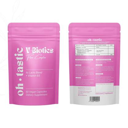 Vorder- und Rückseite der Verpackung von Oh Tastic V-Biotics Flora Complex mit Nährwertangaben