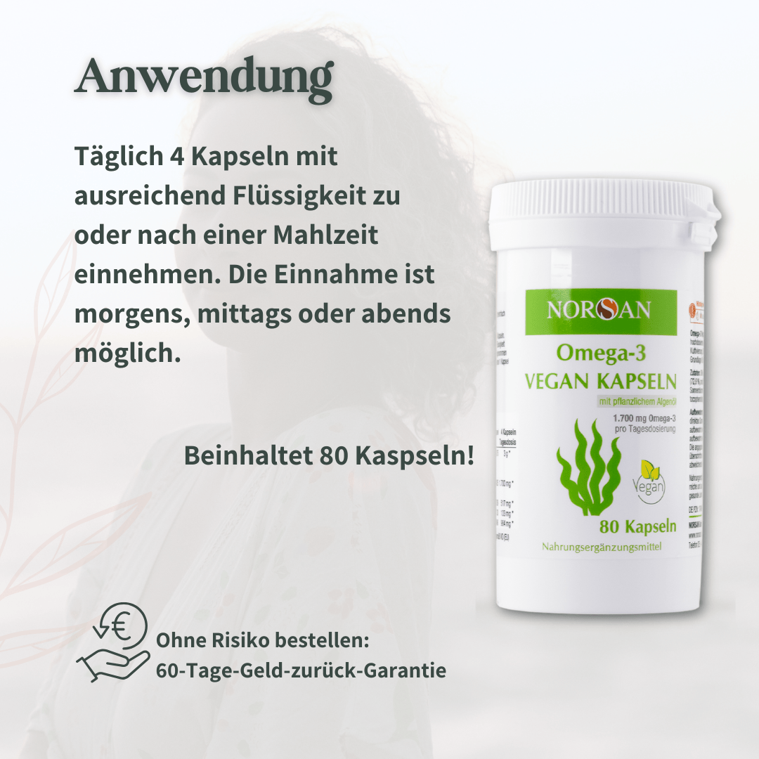 Anwendung der Omega-3 Vegan Kapseln mit täglicher Dosierung von 4 Kapseln