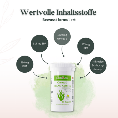 Inhaltsstoffe der NORSAN Omega-3 Vegan Kapseln mit EPA, DHA, DPA und Mikroalge