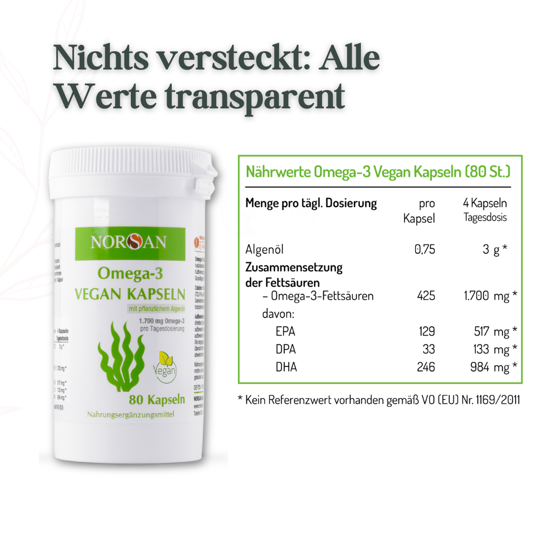 Transparente Nährwerte der NORSAN Omega-3 Vegan Kapseln pro Tagesdosierung
