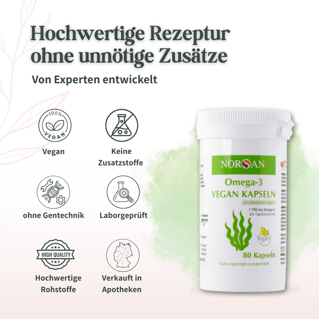 Hochwertige Omega-3 Vegan Kapseln ohne unnötige Zusatzstoffe und laborgeprüft