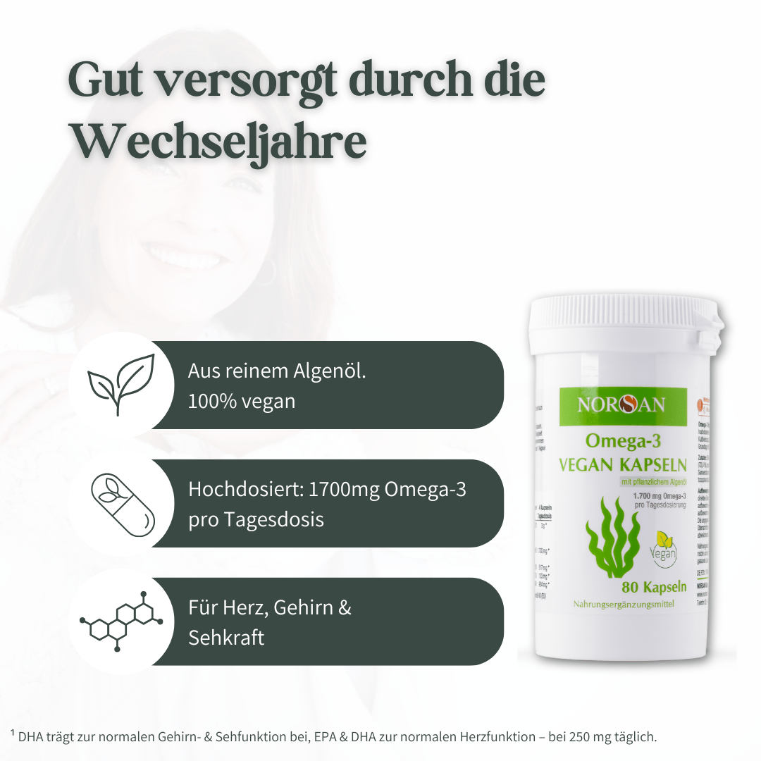 Omega-3 Vegan Kapseln für die Wechseljahre mit Vorteilen für Herz, Gehirn und Sehkraft
