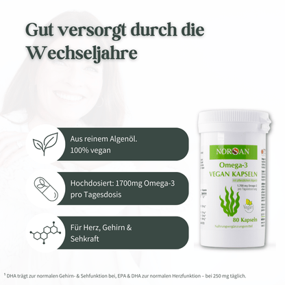 Omega-3 Vegan Kapseln für die Wechseljahre mit Vorteilen für Herz, Gehirn und Sehkraft