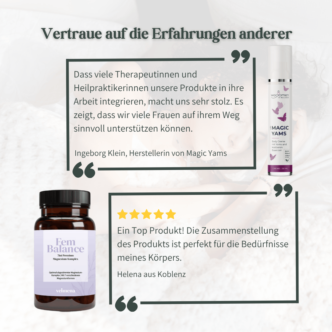 Erfahrungen zum hormonfreien Perimenopause-Set mit Herstellerinnenzitat von Ingeborg Klein und Bewertung einer Kundin