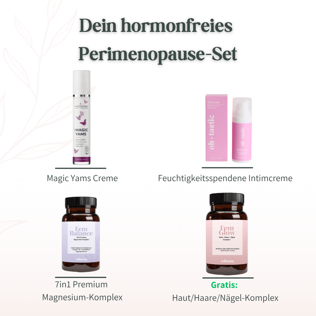 Übersicht des hormonfreien Perimenopause-Sets mit Magic Yams Creme, feuchtigkeitsspendender Intimcreme, 7in1 Magnesium-Komplex und gratis Haut Haare Nägel Komplex